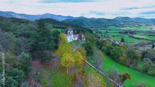 Landscape from the Sanctuary of Our Lady of Cantonad in the town of Vivanco de Mena. Aerial view from a drone. Mena Valley. Las Merindades region. Province of Burgos. Spain. Europe photo