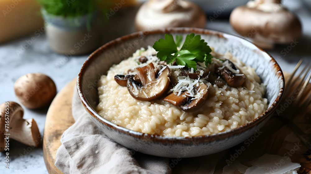 A bowl of creamy risotto with mushrooms and parmesan A bowl of creamy risotto with mushrooms and parmesan