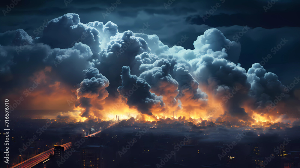 A large cloud of smoke and smoke billowing out of the sky over a city at night with a bright light