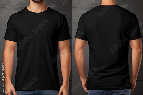 Modern plain black t-shirt mockup template in photo studio setting with male model - front and back views, stylish apparel mockup for fashion brand presentation