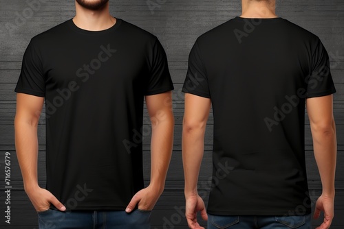 Modern plain black t-shirt mockup template in photo studio setting with male model - front and back views, stylish apparel mockup for fashion brand presentation photo