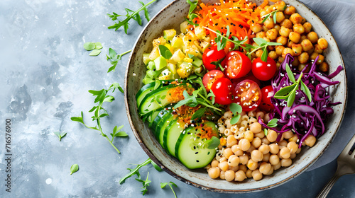 A colorful and nutritious Buddha bowl with grains, vegetables, and protein