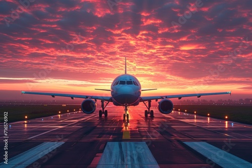 Airplane on the runway at sunset. Travel and transportation concept 