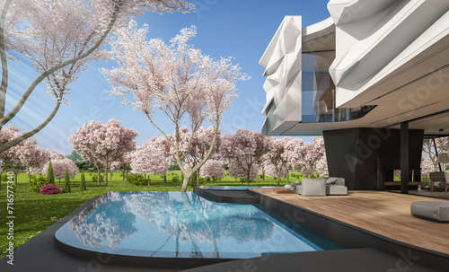 3d rendering of cute cozy modern house with bionic natural curves plastic forms with parking  and pool for sale or rent. Fresh spring day with a blooming trees with flowers of sakura