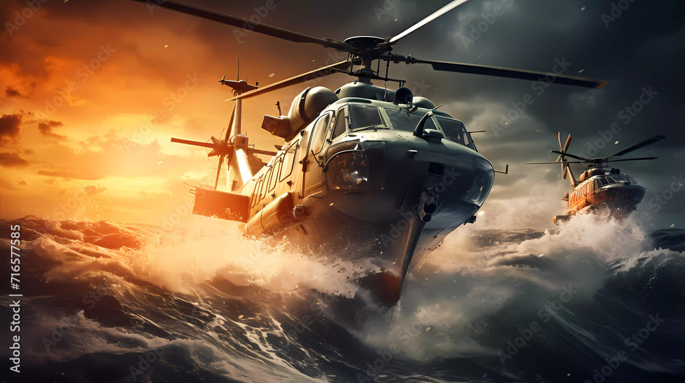 A large ship in the middle of the ocean with a helicopter flying over it and a helicopter flying over it A large ship in the middle of the ocean with a helicopter flying over it and a helicopter flying over it
