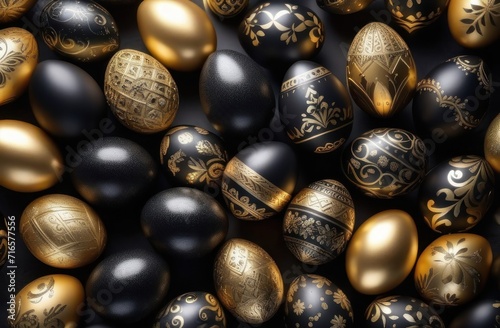 Easter egg arrangement in a top-down flatlay  black gold tones.