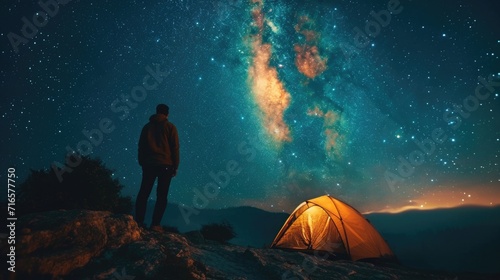 Lone figure beside a tent gazing at the Milky Way in night sky