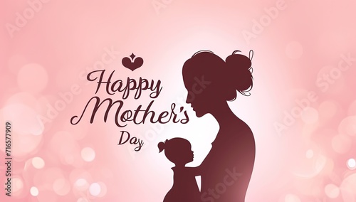 Silhouette of mother and child on pink background with hearts. Mother's Day concept.