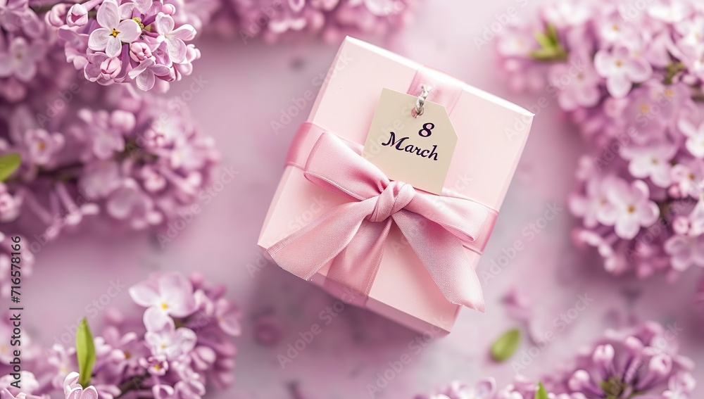 Pink gift box with ribbon and 8 March tag on a lilac background. The concept of gifts and spring mood. Pink gift box with ribbon and 8 March tag on a lilac background. The concept of gifts and spring mood.