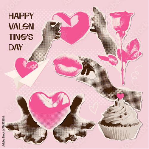 Halftone collage valentine's day set with funky torn out magazine paper shapes. Cake, hands holding hearts, rose, paper plane. Trendy vintage vector illustration photo