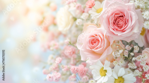 Floral arrangement with beautiful roses. Blurred background and pastel colors.