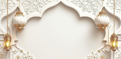 Islamic frame with patterns and hanging lanterns. Concept of religious art and architecture.