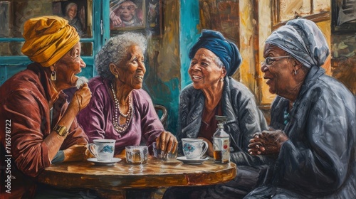 A group of elderly women from various cultures, engaging in a lively debate at a cafe, their animated expressions and diverse perspectives captured in a realistic painting style, © khoobi's ART