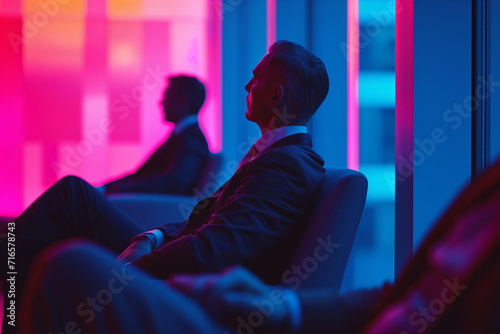 Businessman watching presentation, neon colors.