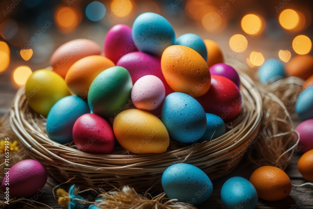Festive Easter eggs in a basket, multi-colored. Easter is a bright holiday