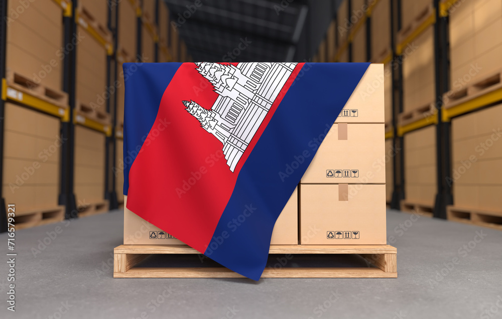Crate Boxes On Wooden Pallets With Cambodia Flag Cartons Cardboard crate-boxes-on-wooden-pallets-with-cambodia-flag-cartons-cardboard