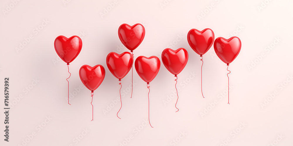 Red heart-shaped helium balloons flying under white ceiling, Pink heart shaped helium balloons on pink background Valentine's Day or wedding party decoration, 

