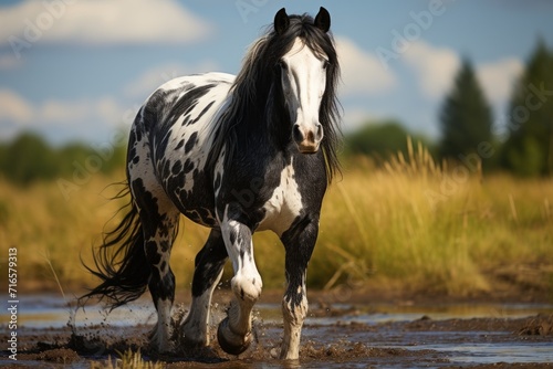 Tinker horse breed in its natural habitat against the backdrop of a forest and clearing. Concept: for use in materials about equestrian sports, agriculture and nature.
