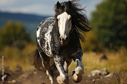 Tinker horse breed in its natural habitat against the backdrop of a forest and clearing. Concept: for use in materials about equestrian sports, agriculture and nature.
 photo