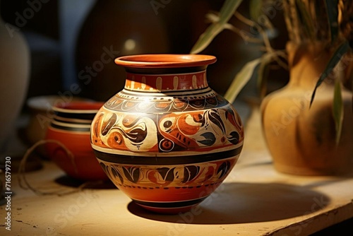 Painted archaeological pottery, relic of ancient Greek culture found in Mycenae, Greece. Generative AI