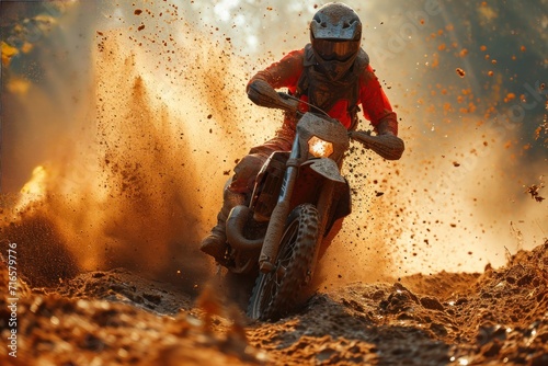 Motocross rider on the race in a dust. Extreme motocross sport. Motocross. Enduro. Extreme sport concept. © John Martin