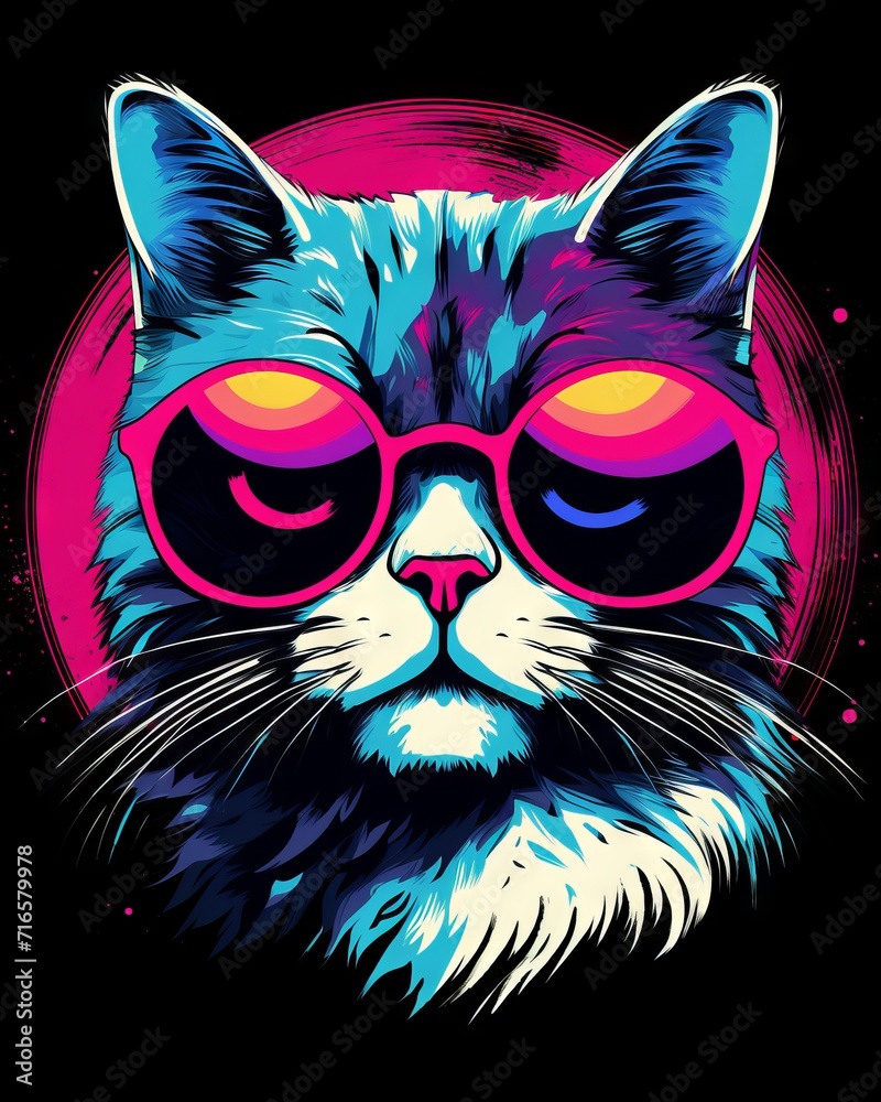 Retro cool cut cat in neon circle on black background - vector t-shirt design