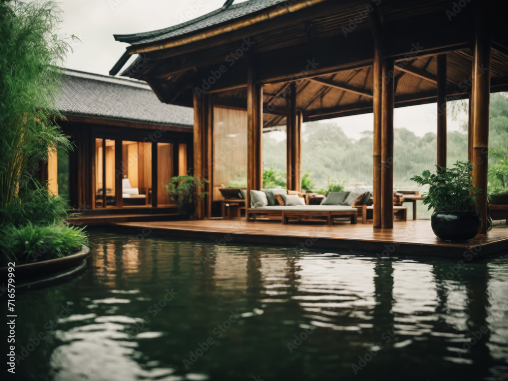 modern architectural structure built in the jungle, surrounded by lush greenery and a swimming pool. beautiful lake and house modern architectural structure built in the jungle, surrounded by lush greenery and a swimming pool. beautiful lake and house