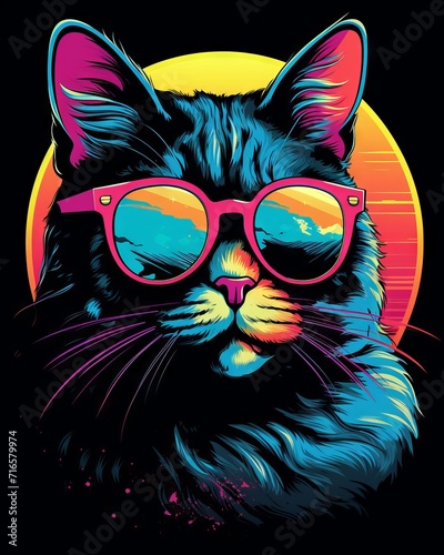 Retro cool cut cat in neon circle on black background - vector t-shirt design © Ameer