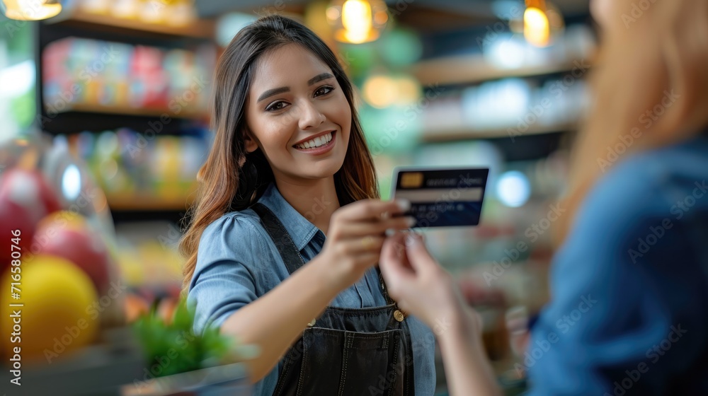 Customer woman using credit card for payment to owner supermarket, Credit card payment concept.