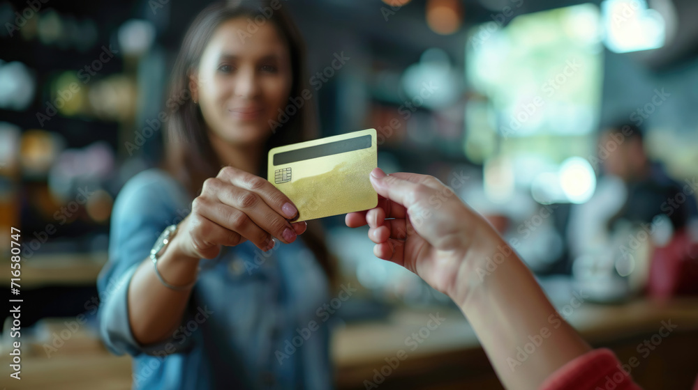 Customer woman using credit card for payment to owner supermarket, Credit card payment concept. Customer woman using credit card for payment to owner supermarket, Credit card payment concept.