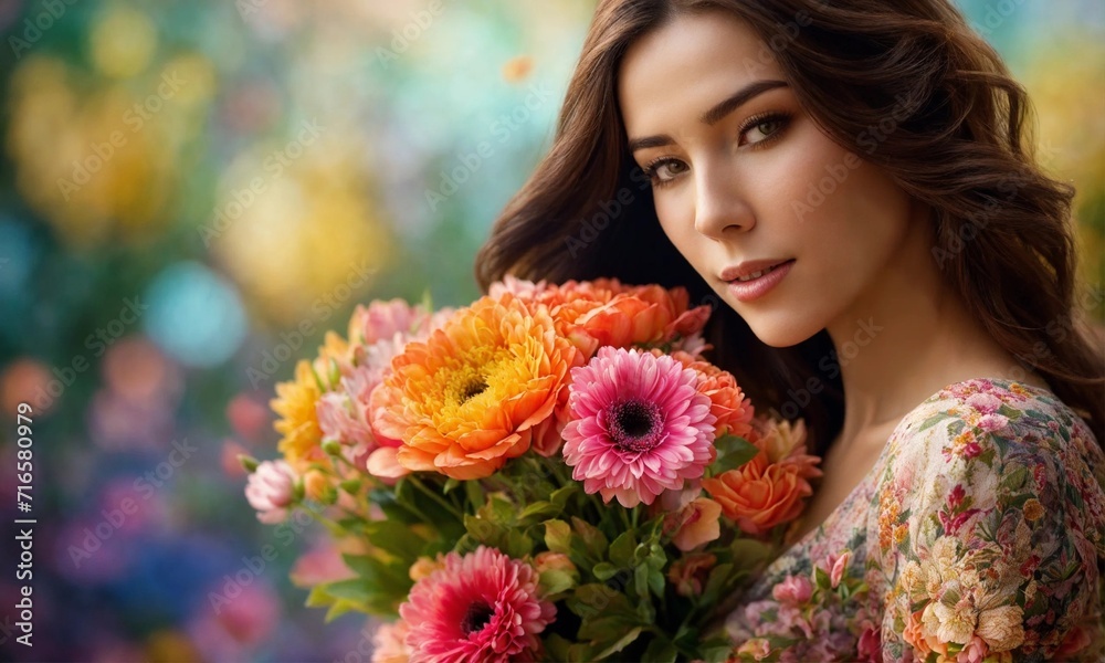 Fototapeta premium Valentine's Elegance: A Graceful Woman Holding a Bouquet of Flowers for St. Valentine, Radiating Love and Romantic Vibes. Perfect for Conveying Affection and Celebrating Love.