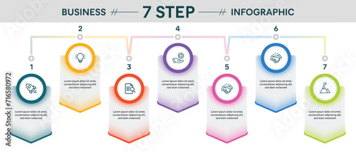 Triangle Cube Stand Glassmorphism Infographic. 7 options, steps, parts, segments. Timeline business marketing concept infographic vector illustration.