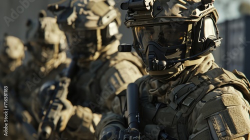 Soldier special forces perform a mission with team. Military concept of the future.