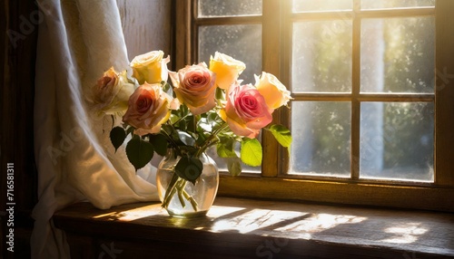 Roses in a Vase on a Window Sill: Sunlight streaming through a window illuminating a vase of roses. #716581311