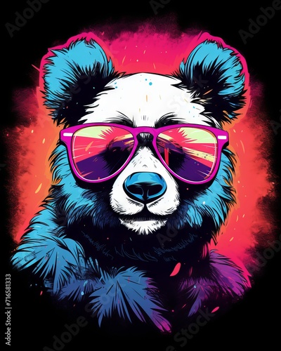 Retro cool cut panda in neon circle on black background - vector t-shirt design