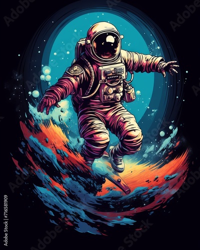 Skating astronaut t-shirt design: A cool and creative illustration of a space explorer on a skateboard