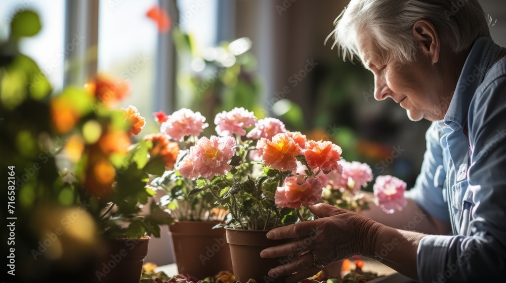 Grandmother plants flowers in a warm and cozy environment. Concept: leisure time of a retired pensioner, growing plants and flowers in pots and garden.