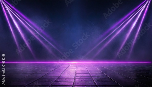dark stage shows blue and purple background an empty dark scene laser beams neon spotlights reflection on the asphalt floor studio room with smoke floating up for display products