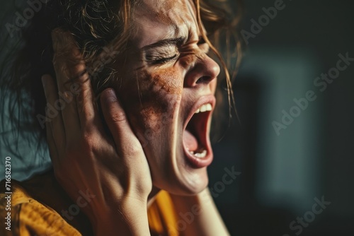 sidev iew of a person with a mental health condition, screaming, facial distort photo