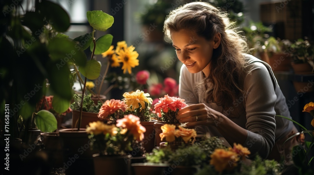 A woman plants flowers in a warm and cozy environment. Concept: leisure, growing plants and gardening