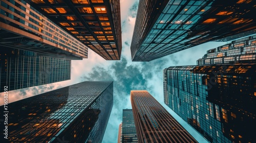 several large office buildings viewed from a distance  in the style of architectural chic 