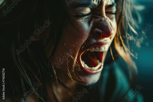 A person with a mental health condition  screaming  facial distort  Woman Shouting  Intense Emotion in Profile View  Vocal Expression of Passion