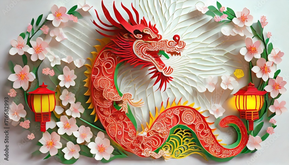  illustration of paper cut craft quilling multi dimensional chinese style zodiac dragon with lanterns and cherry blossoms in background chinese new year