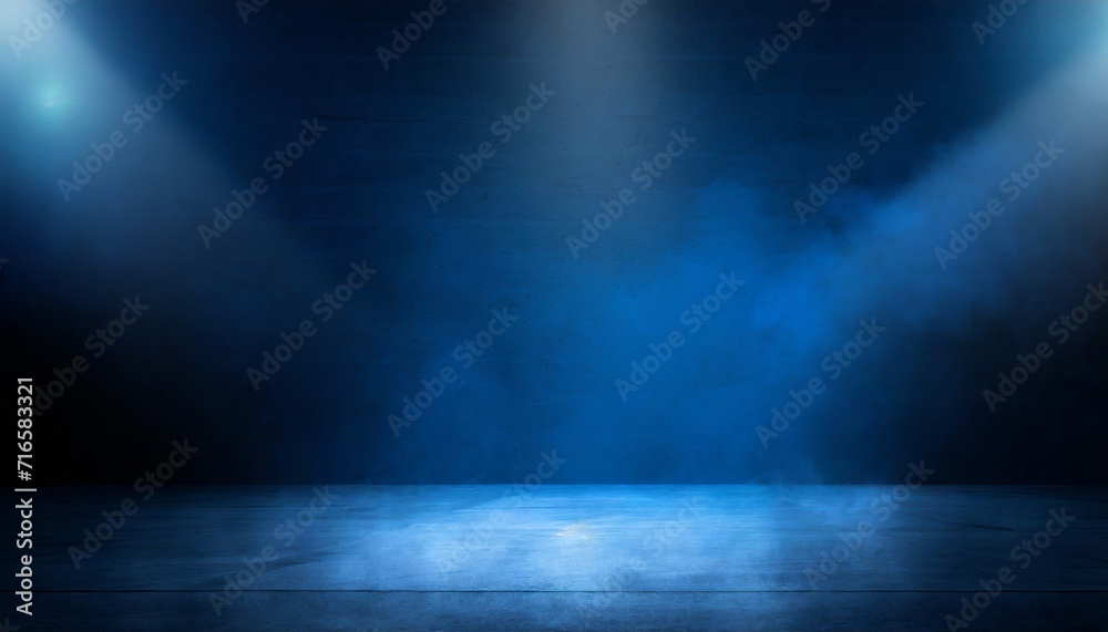 the dark stage shows dark blue background an empty dark scene neon light and spotlights the concrete floor and studio room with smoke float up the interior texture for display products - obrazy, fototapety, plakaty 