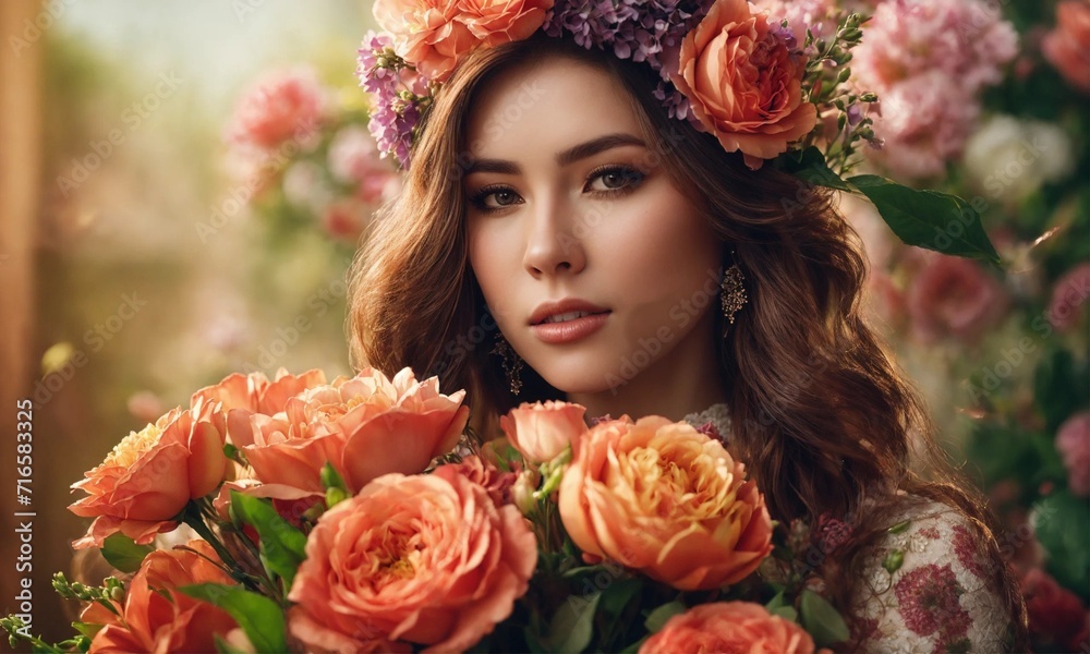 Valentine's Elegance: A Graceful Woman Holding a Bouquet of Flowers for St. Valentine, Radiating Love and Romantic Vibes. Perfect for Conveying Affection and Celebrating Love.