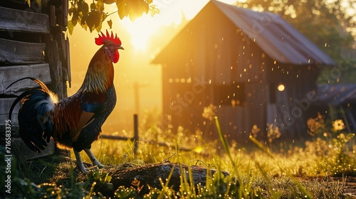 Foto Beautiful scene of the countryside with dew on the grass and a rooster crowing