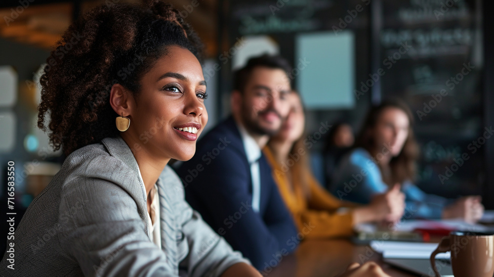 Focus on a candidate as they speak or present, with the other participants in the background listening or reacting Focus on a candidate as they speak or present, with the other participants in the background listening or reacting