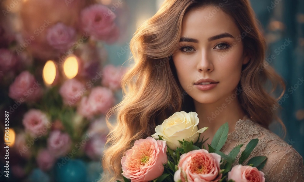 Valentine's Elegance: A Graceful Woman Holding a Bouquet of Flowers for St. Valentine, Radiating Love and Romantic Vibes. Perfect for Conveying Affection and Celebrating Love. Valentine's Elegance: A Graceful Woman Holding a Bouquet of Flowers for St. Valentine, Radiating Love and Romantic Vibes. Perfect for Conveying Affection and Celebrating Love.