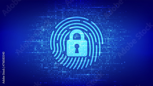 Fingerprint with padlock icon made with binary code. Personal Data protection. Cyber Security. Private secure safety. Biometrics identification. Matrix background with digits 1.0. Vector Illustration.