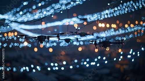 A swarm of drones choreographed in a breathtaking aerial ballet, lights painting patterns against the night sky, a fusion of technology and art. photo